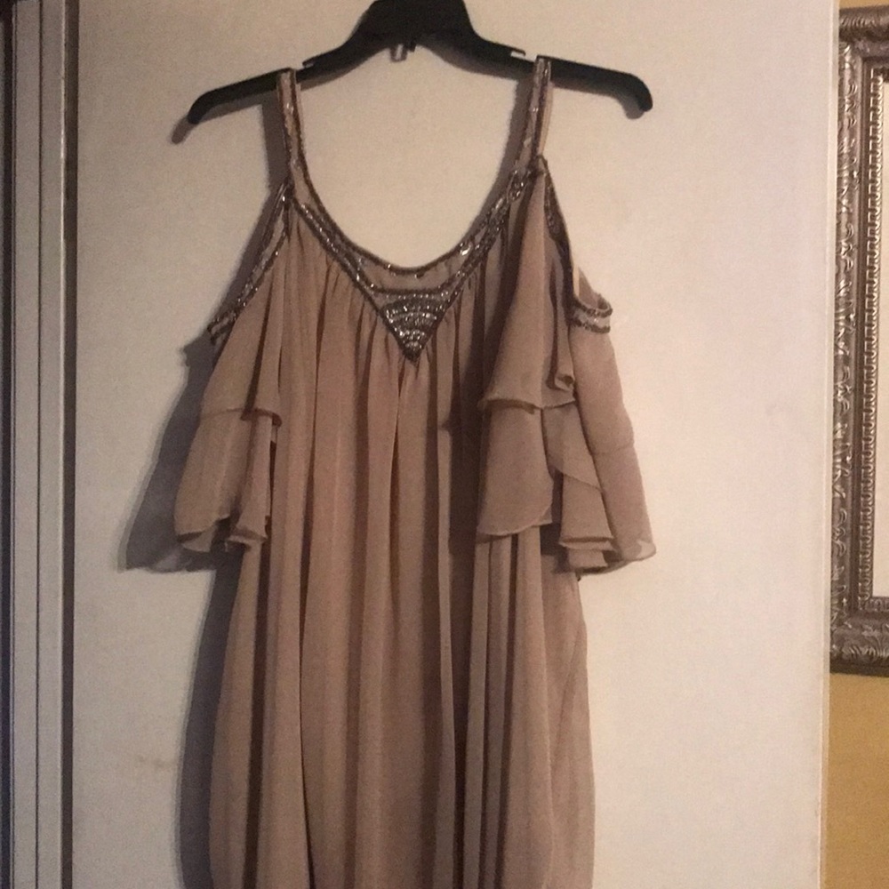 Tan off the shoulder dress